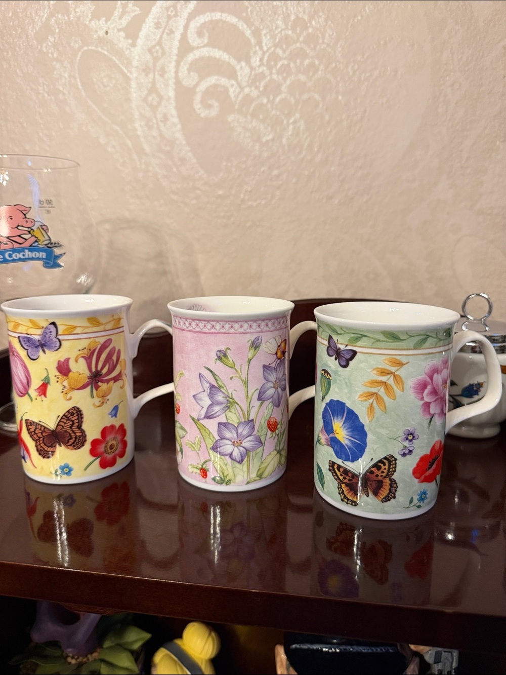 Set of 3 Vintage Roy Kirkham Mugs in Pink, Yellow, Green